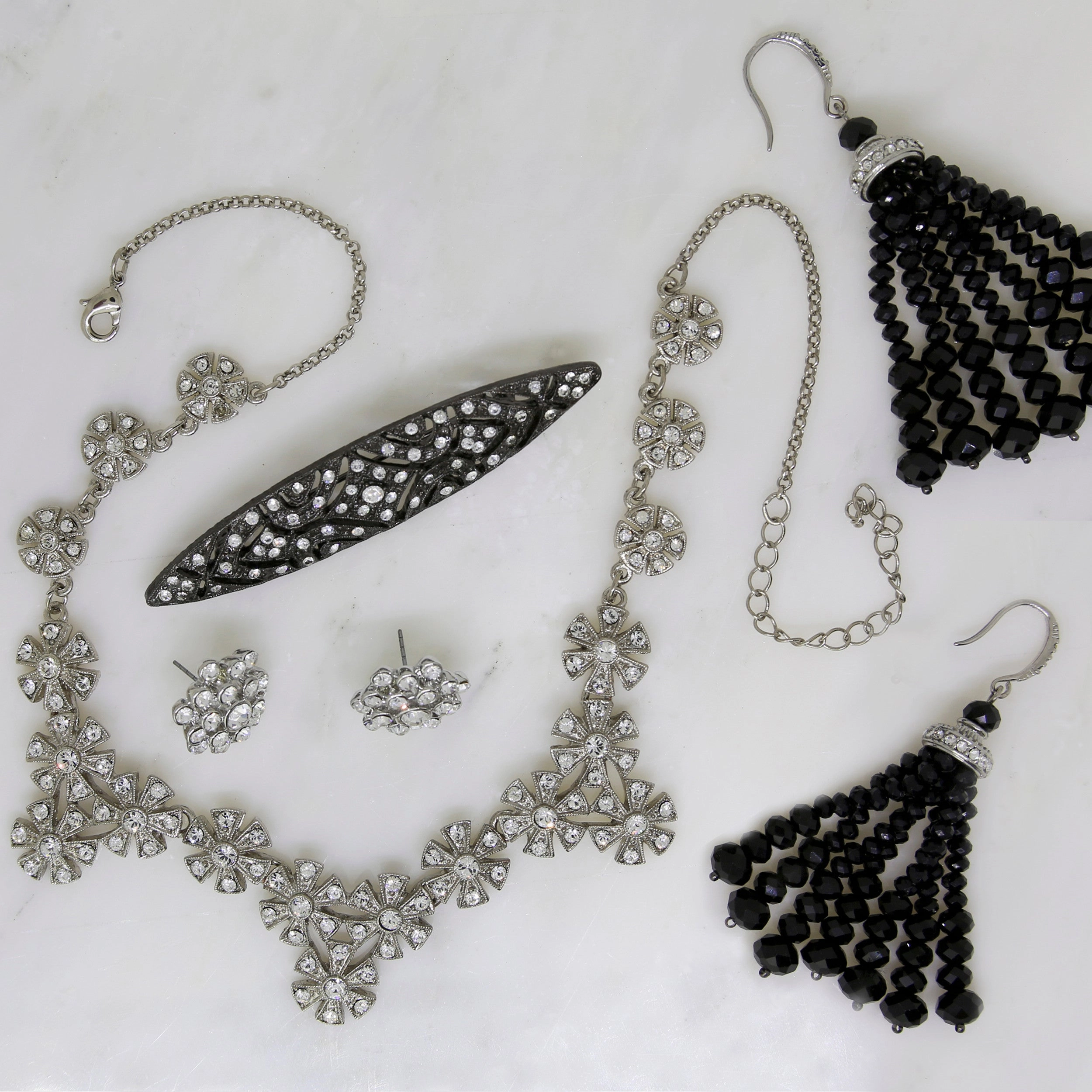 1928 Jewelry $200 Value Mystery Jewelry Package One Necklace, Two Earrings and One Brooch