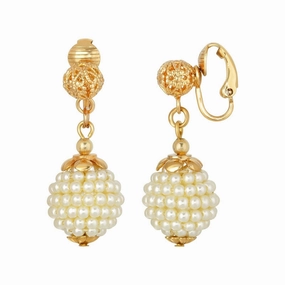 1928 Jewelry Filigree Ball & Embossed Faux Pearl Bead Drop Clip On Earrings