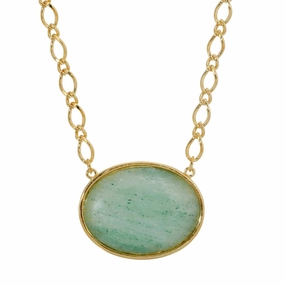 2028 Jewelry Green Aventurine Oval Gemstone Pendant Necklace 16"   3" Extender