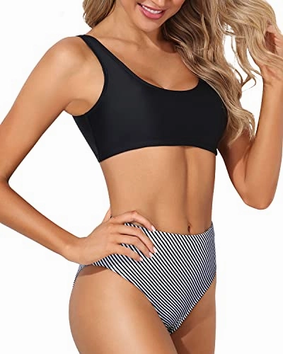 2 Piece Long Torso High Waisted Bathing Suit Bottoms-Black Stripe
