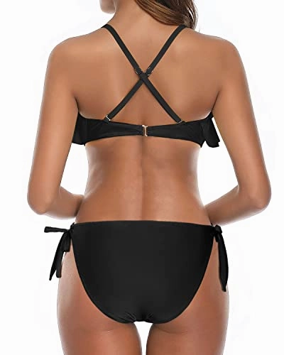 Cross Back Bathing Suit Two Piece Flounce Bikini-Black