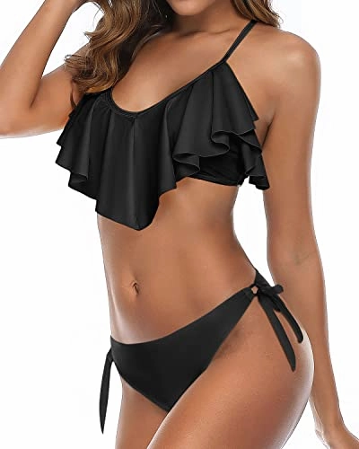 Cross Back Bathing Suit Two Piece Flounce Bikini-Black