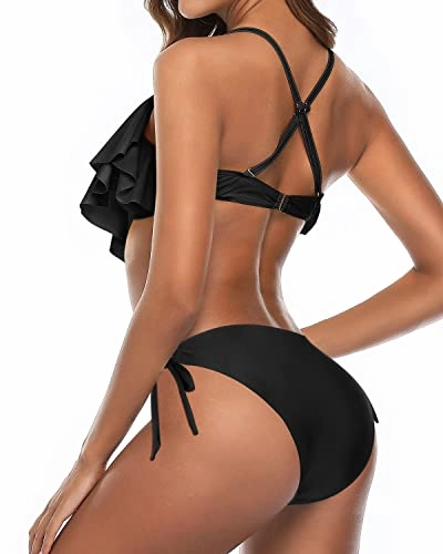 Cross Back Bathing Suit Two Piece Flounce Bikini-Black