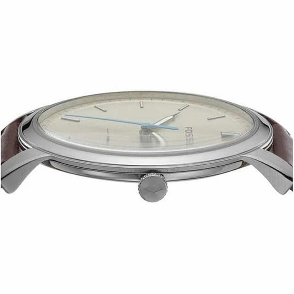 Fossil  FS5966SET Men's Minimalist Quartz Stainless Steel and Leather Three Hand Watch and Bracelet Gift Set Color  Silver Brown Blue Model FS5966SET
