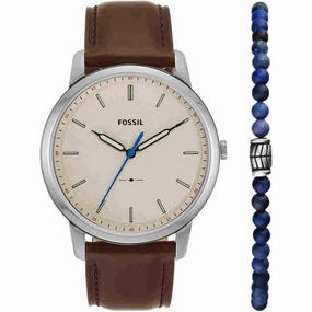 Fossil  FS5966SET Men's Minimalist Quartz Stainless Steel and Leather Three Hand Watch and Bracelet Gift Set Color  Silver Brown Blue Model FS5966SET