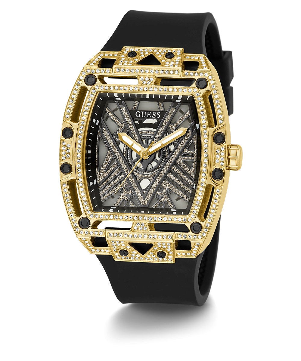 GUESS Mens Black Gold Tone Analog Watch