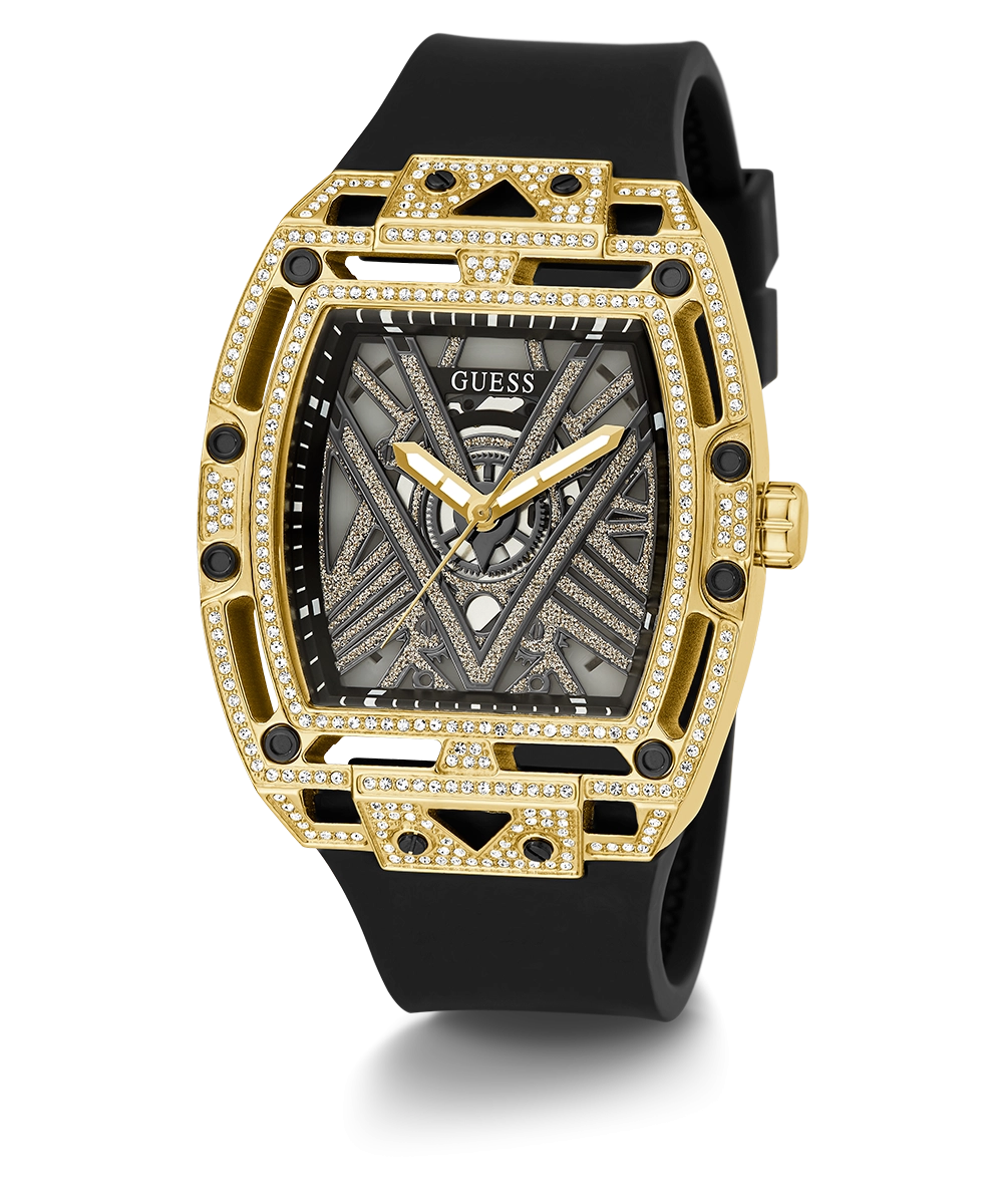 GUESS Mens Black Gold Tone Analog Watch