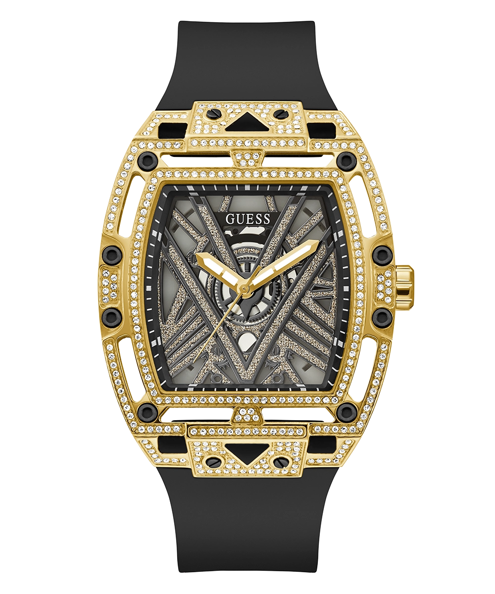 GUESS Mens Black Gold Tone Analog Watch