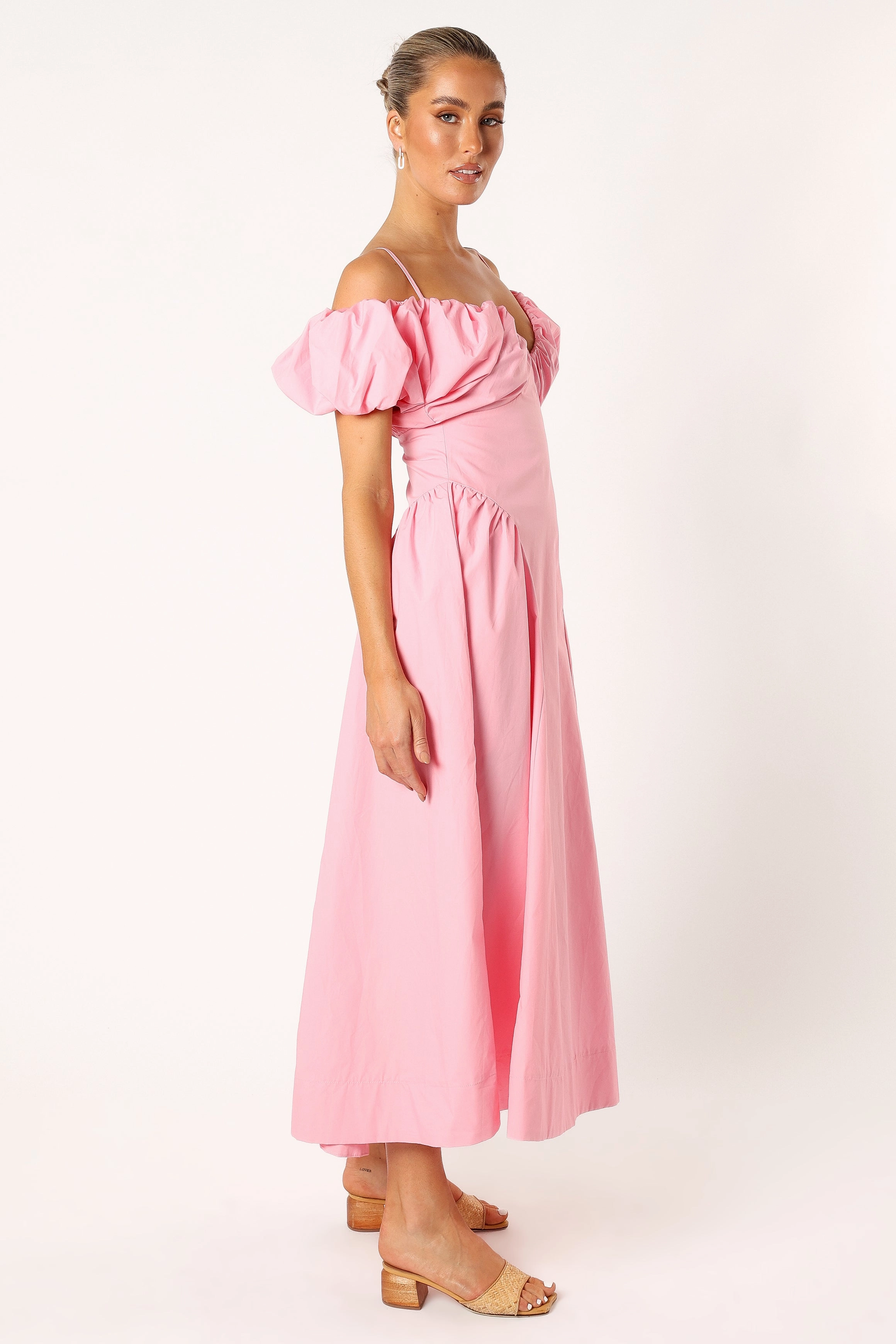 Liner Puff Sleeve Midi Dress - Pink