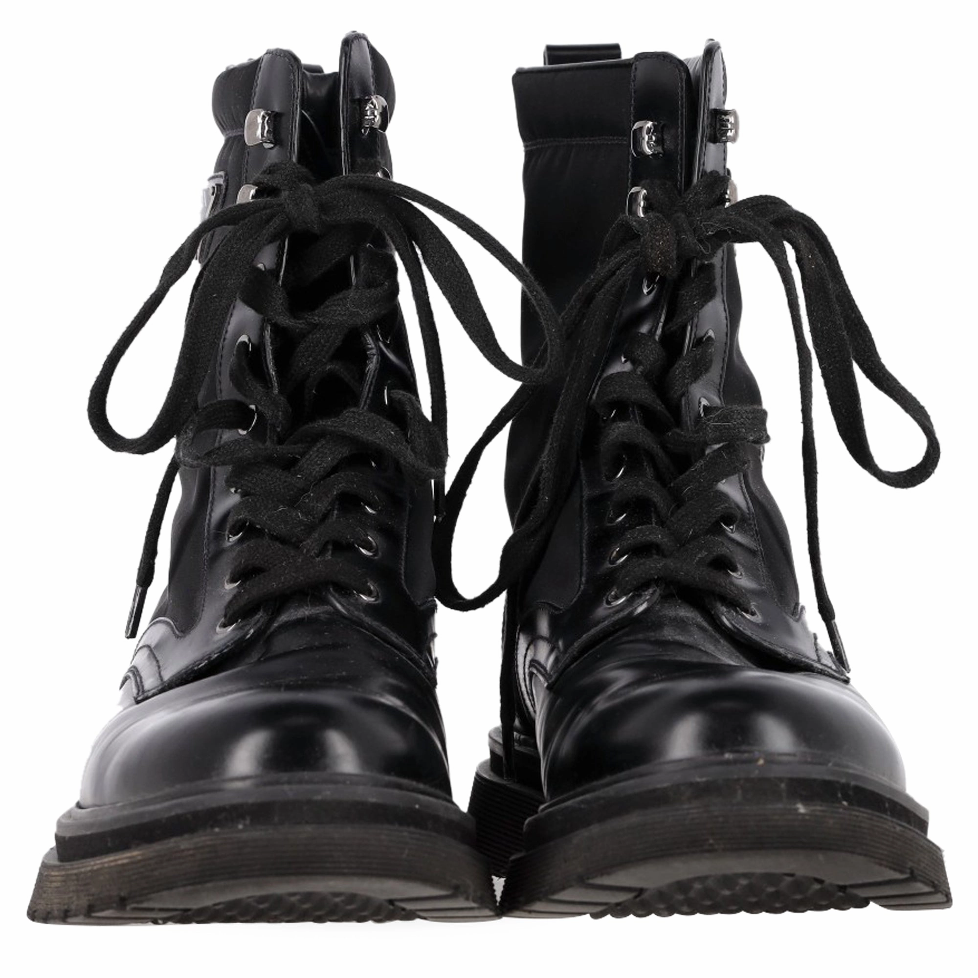 Prada Logo Plaque Combat Boots in Black Leather and Nylon