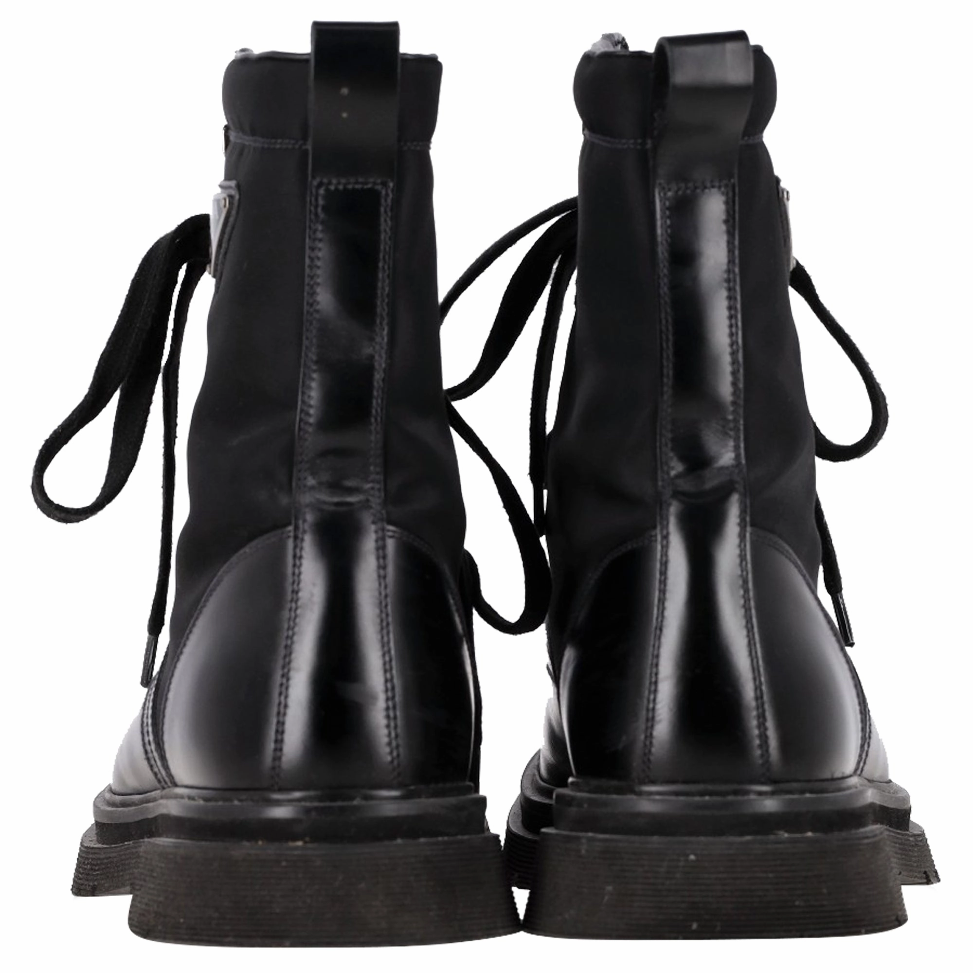 Prada Logo Plaque Combat Boots in Black Leather and Nylon