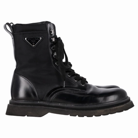 Prada Logo Plaque Combat Boots in Black Leather and Nylon