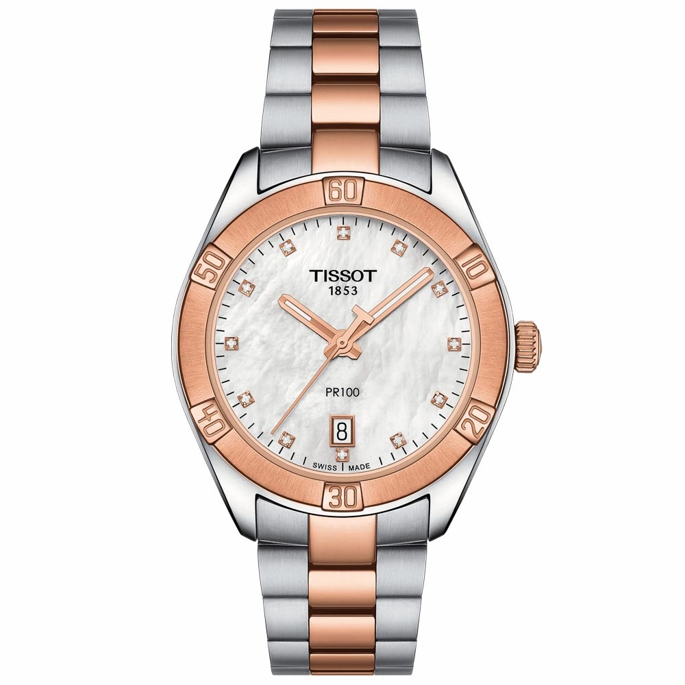 Tissot PR 100 Sport Chic 36mm MOP Diamond Dot Dial Rose Gold PVD Steel Ladies Quartz Watch T1019102211600