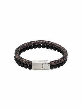 Unique & Co. 21cm Antique Black Leather and Lava Stone Bracelet with Steel Magnetic Clasp