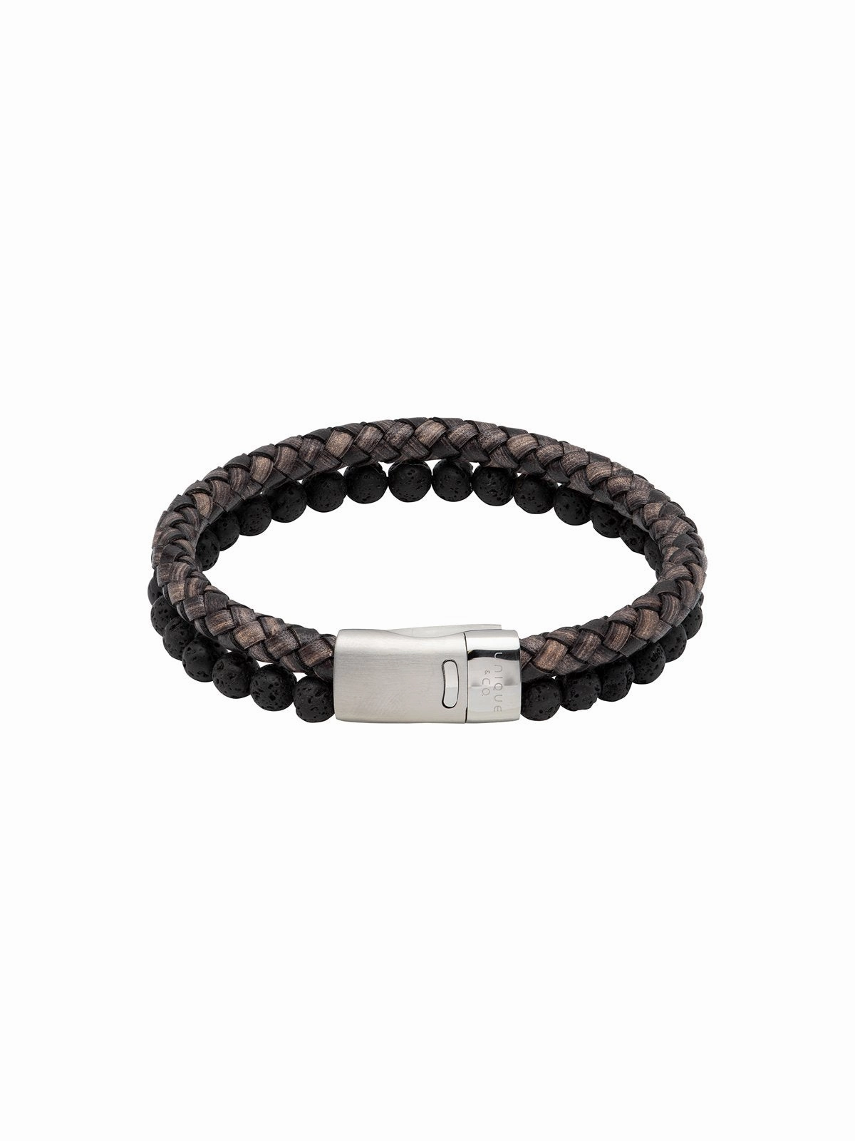 Unique & Co. 21cm Antique Black Leather and Lava Stone Bracelet with Steel Magnetic Clasp