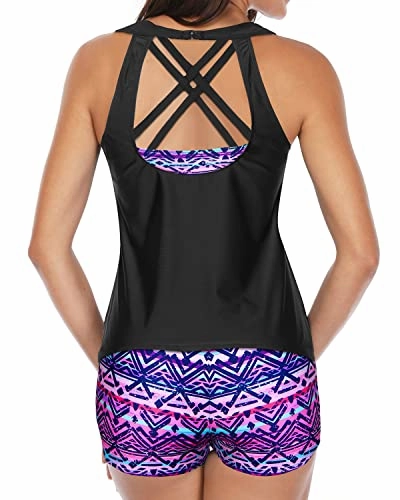 Women's Backless Tankini Athletic 3 Piece Swimsuits-Black And Tribal Purple