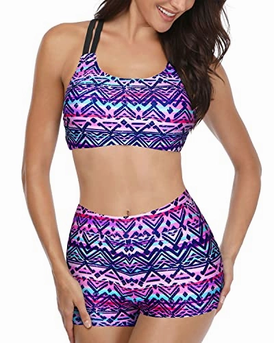 Women's Backless Tankini Athletic 3 Piece Swimsuits-Black And Tribal Purple