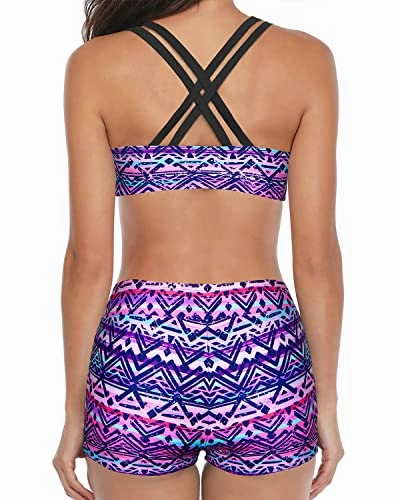 Women's Backless Tankini Athletic 3 Piece Swimsuits-Black And Tribal Purple